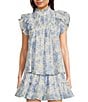 J.Marie Coordinating Chloe Ruffle Crew Neck Cap Sleeve Pleated Top, Color:Blue - Image 1