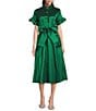 J.Marie Collins Woven V-Neck Short Sleeve Button Front Tie Waist Midi Dress, Color:Green - Image 1