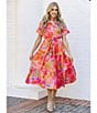 Color:Pink Multi - Image 4 - Eden Printed Button Up Ruffle High Neck Short Sleeve Tie Waist Side Pocket A-Line Midi Dress