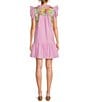 Color:Lavender Mul - Image 2 - Harlyn Embroidered Mock Neck Ruffled Cap Sleeve Novelty Trim Tiered Shift Dress