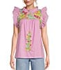 Color:Lavender Multi - Image 1 - Harlyn Embroidered Ruffled Mock Neck Cap Sleeve Top