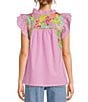 Color:Lavender Multi - Image 2 - Harlyn Embroidered Ruffled Mock Neck Cap Sleeve Top
