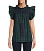 Color:Green Plaid - Image 1 - Joyce Embroidered Ruffle Neck Cap Sleeve Plaid Top
