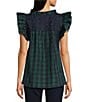Color:Green Plaid - Image 2 - Joyce Embroidered Ruffle Neck Cap Sleeve Plaid Top