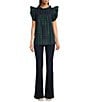 Color:Green Plaid - Image 3 - Joyce Embroidered Ruffle Neck Cap Sleeve Plaid Top