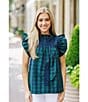 Color:Green Plaid - Image 5 - Joyce Embroidered Ruffle Neck Cap Sleeve Plaid Top