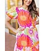 Color:Multi Daisy - Image 6 - Leilani One Shoulder Short Puffed Sleeve Tiered Midi Dress