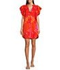 J.Marie Lizzie Mandarin Collar Short Sleeve Ruffle Hem Shirt Dress, Color:Pink - Image 1