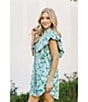 Color:Green Multi - Image 6 - J.marie Merritt Button Front Floral Print Short Ruffle Sleeve Dress