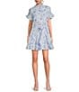 Color:White/Blue - Image 1 - Palmer Floral Print Short Ruffled Sleeve Belted Button Front Dress