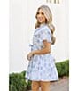 Color:White/Blue - Image 6 - Palmer Floral Print Short Ruffled Sleeve Belted Button Front Dress