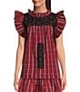 Color:Red Plaid - Image 1 - Rayna Embroidered Plaid Cap Sleeve Ruffle Neck Top