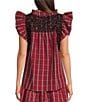 Color:Red Plaid - Image 2 - Rayna Embroidered Plaid Cap Sleeve Ruffle Neck Top