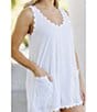 Color:White - Image 4 - Ryane Scoop Neck Sleeveless Tie Back Embroidered Scalloped Front Pocket Romper