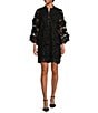 Color:Black - Image 1 - Seraphina Floral 3D Lace Split V Button Up Long Sleeve Shift Dress