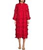 Color:Red - Image 1 - Seraphina Floral Long Sleeve 3D Lace Mandarin Collar Midi Dress