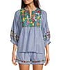 Color:Blue Stripe - Image 1 - Tristen 3/4 Sleeve Embroidery Coordinating Top