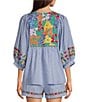 Color:Blue Stripe - Image 2 - Tristen 3/4 Sleeve Embroidery Coordinating Top