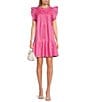 Color:Pink - Image 1 - Wrin Ruffle Crew Neck Cap Sleeve Novelty Trim Side Pocket Tiered Waistless Dress