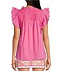Color:Pink - Image 2 - Wrin Woven Embroidered Cap Sleeve Ruffled Trim Top