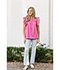 Color:Pink - Image 4 - Wrin Woven Embroidered Cap Sleeve Ruffled Trim Top