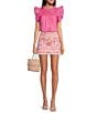 Color:Pink - Image 3 - Wrin Woven Embroidered Cap Sleeve Ruffled Trim Top