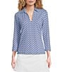 J.McLaughlin Aida Printed Catalina Cloth Split V-Neck 3/4 Sleeve Top, Color:Navy/Light Blue - Image 1