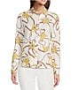 J.McLaughlin Betty Printed Catalina Cloth Point Collar Long Sleeve Button Front Top, Color:Off White/Gold/Brown - Image 1