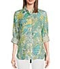 Color:Aqua - Image 1 - Britt Linen Tropical Print Point Collar Long Roll Sleeve Button Front Blouse