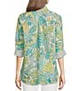Color:Aqua - Image 2 - Britt Linen Tropical Print Point Collar Long Roll Sleeve Button Front Blouse