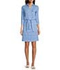 Color:Blue - Image 1 - Brynn Geo Print Jersey Knit Collared V-Neck 3/4 Sleeve Chest Pocket Belted Shirt Dress