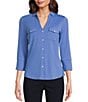 Color:Denim Blue - Image 1 - Brynn 3/4 Sleeve Point Collar Shirt