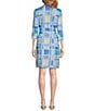 Color:Light Blue - Image 2 - Brynn Tile Print Jersey Knit Collared V-Neck 3/4 Sleeve Chest Pocket Belted Shirt Dress