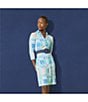 Color:Light Blue - Image 4 - Brynn Tile Print Jersey Knit Collared V-Neck 3/4 Sleeve Chest Pocket Belted Shirt Dress