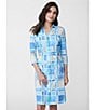 Color:Light Blue - Image 5 - Brynn Tile Print Jersey Knit Collared V-Neck 3/4 Sleeve Chest Pocket Belted Shirt Dress