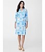 Color:Light Blue - Image 6 - Brynn Tile Print Jersey Knit Collared V-Neck 3/4 Sleeve Chest Pocket Belted Shirt Dress