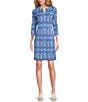 Color:Blue - Image 1 - Carly Catalina Cloth Knit Equestrian Print Split V-Neck 3/4 Sleeve Bodycon Dress
