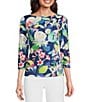 Color:Navy - Image 1 - Catalina Cloth Knit Wavesong Floral Print Boat Neck 3/4 Sleeve Top