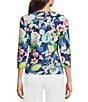 Color:Navy - Image 2 - Catalina Cloth Knit Wavesong Floral Print Boat Neck 3/4 Sleeve Top