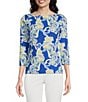 Color:Blue - Image 1 - Catalina Cloth Knit Wavesong Print Boat Neck 3/4 Sleeve Top