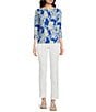 Color:Blue - Image 3 - Catalina Cloth Knit Wavesong Print Boat Neck 3/4 Sleeve Top
