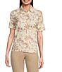 J.McLaughlin Cornelia Coordinating Point Collar Short Sleeve Button Front Top, Color:Off White/Brown - Image 1