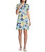 Color:Multi - Image 1 - Dorte Blossom Catalina Cloth Knit Point Collar Cap Sleeve Side Pocket Pleated Shirt Dress