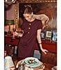 J.McLaughlin Florence Knit Round Neck Short Sleeve Button Front Scallop A-Line Dress, Color:Merlot - Image 5