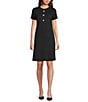 J.McLaughlin Florence Knit Round Neck Short Sleeve Button Front Scallop A-Line Dress, Color:Black - Image 1