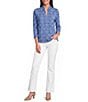 J.McLaughlin Kate Stretch Knit Ikat Print Ruffle Split V-Neck 3/4 Sleeve Top - Image 3