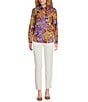 J.McLaughlin Lois Floral Print Point Collar Long Sleeve Button Front Blouse, Color:Dark Purple/Gold - Image 3