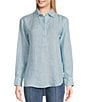 Color:Pool Blue - Image 1 - Lula Striped Linen Spread Collar Long Sleeve Shirttail Hem Shirt