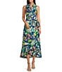 Color:Navy - Image 1 - Miramar Floral Print Linen Blend Spread Wing Collar Sleeveless Wrap Front A-Line Dress