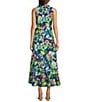 Color:Navy - Image 2 - Miramar Floral Print Linen Blend Spread Wing Collar Sleeveless Wrap Front A-Line Dress